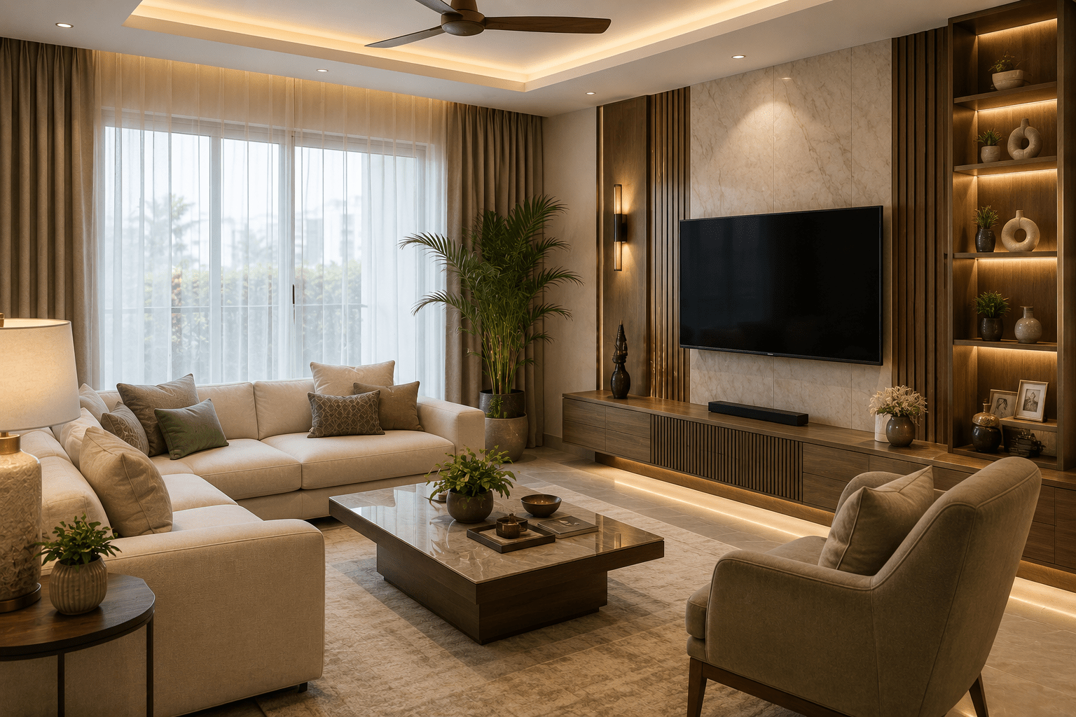 Completed home interior design project showing a finished, styled living room