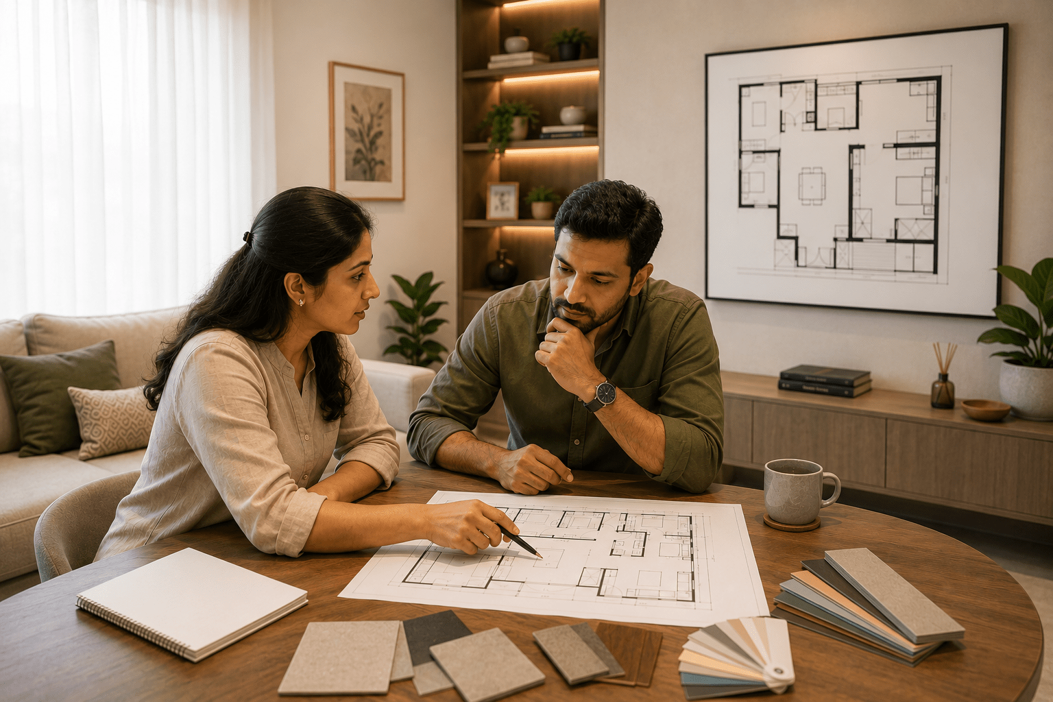 Homeowner reviewing floor plan and storage needs during an interior design space audit