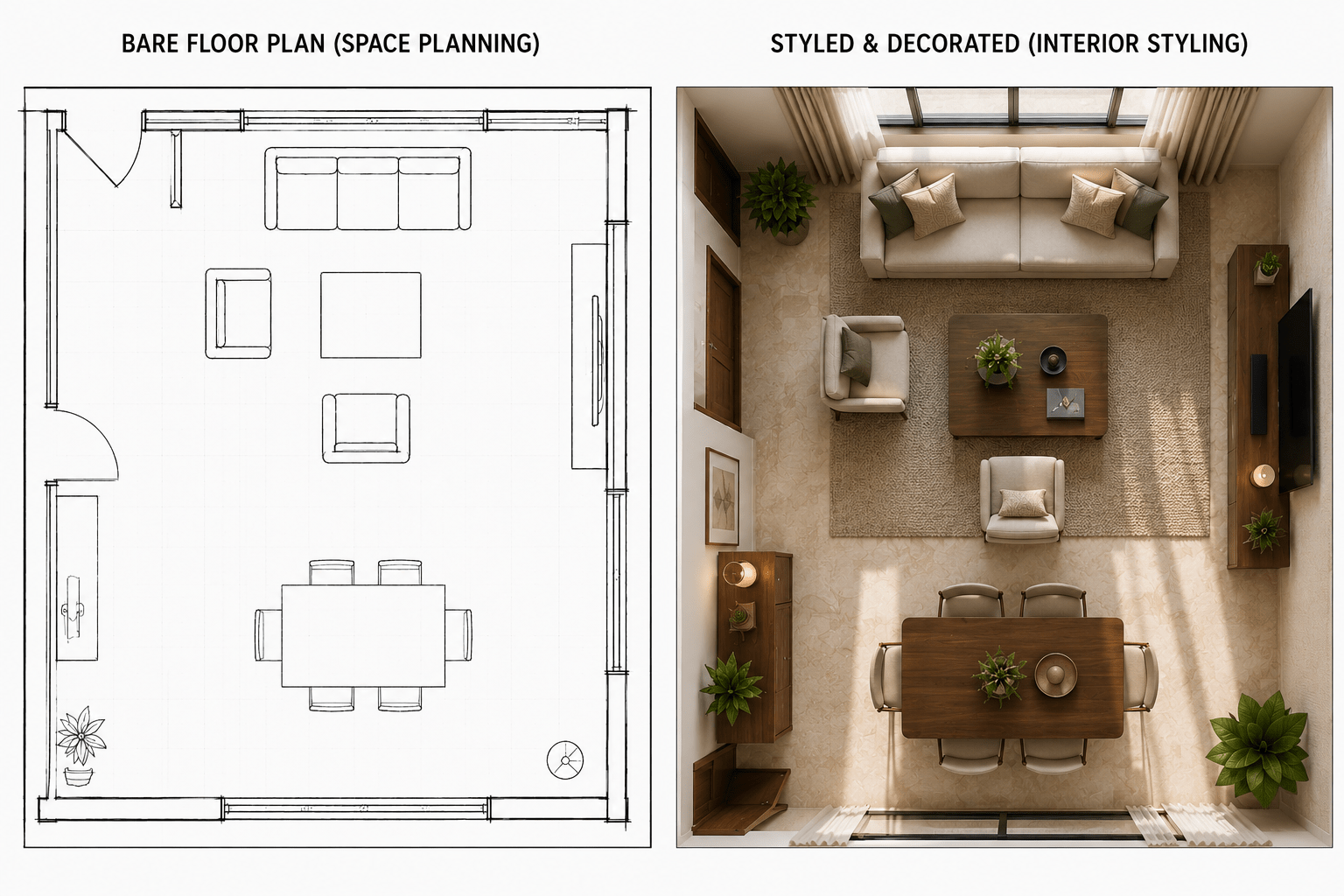 Comparison of interior design space planning versus interior decoration styling
