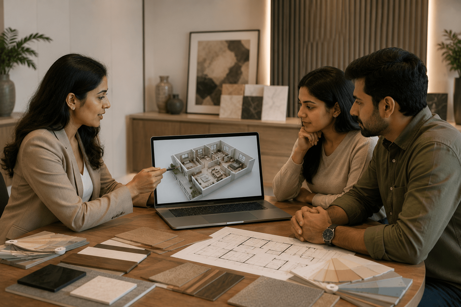 Interior designer presenting a 3D home layout to a client during consultation