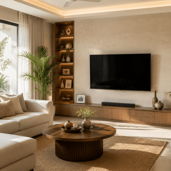 Modern Indian living room interior design with neutral tones and natural light