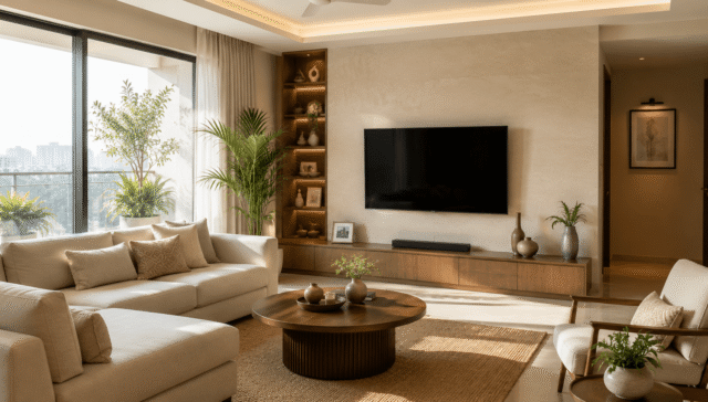 Modern Indian living room interior design with neutral tones and natural light