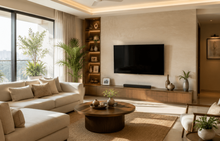 Modern Indian living room interior design with neutral tones and natural light