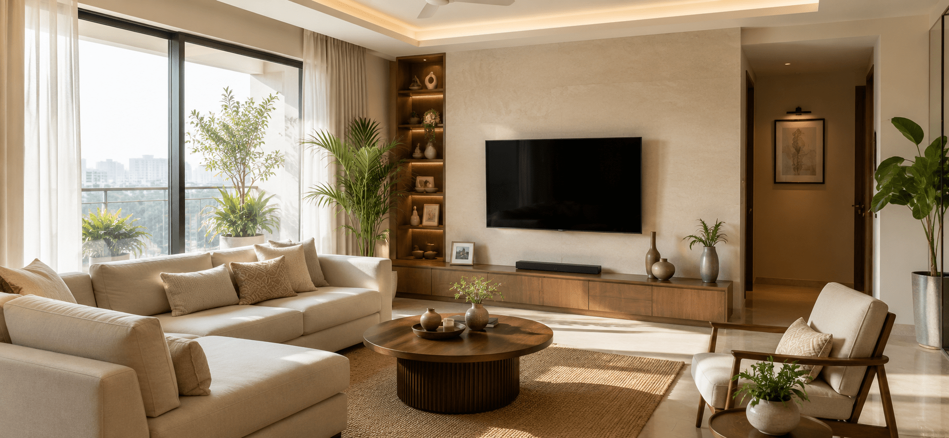 Modern Indian living room interior design with neutral tones and natural light