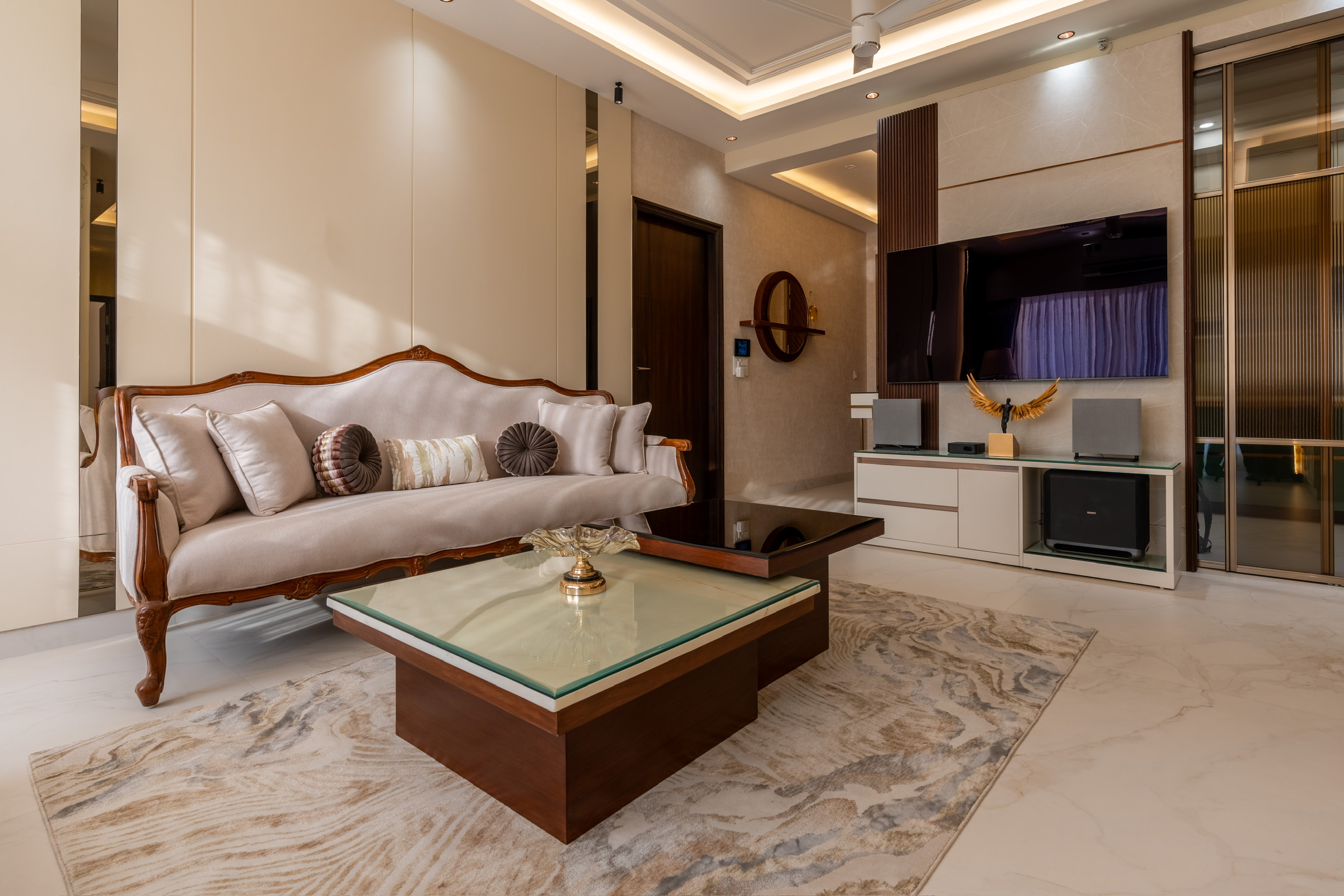 living room interior design ideas 2026 India luxury custom woodwork TV unit Lakkadworks