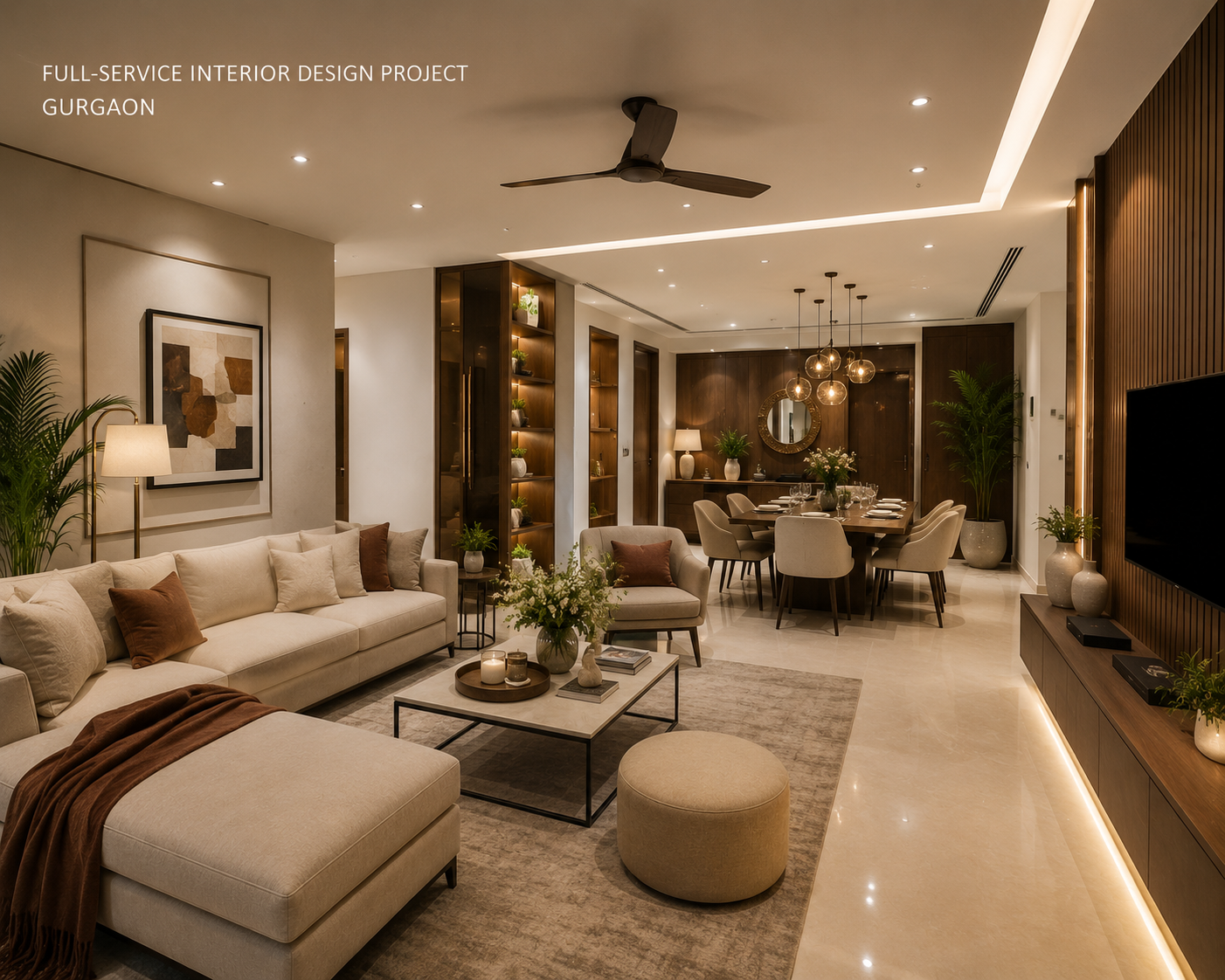 Completed full-service interior design project showing living room and dining area in Gurgaon