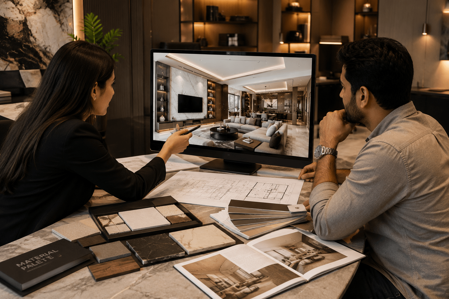 Homeowner reviewing 3D renders and material samples with a designer