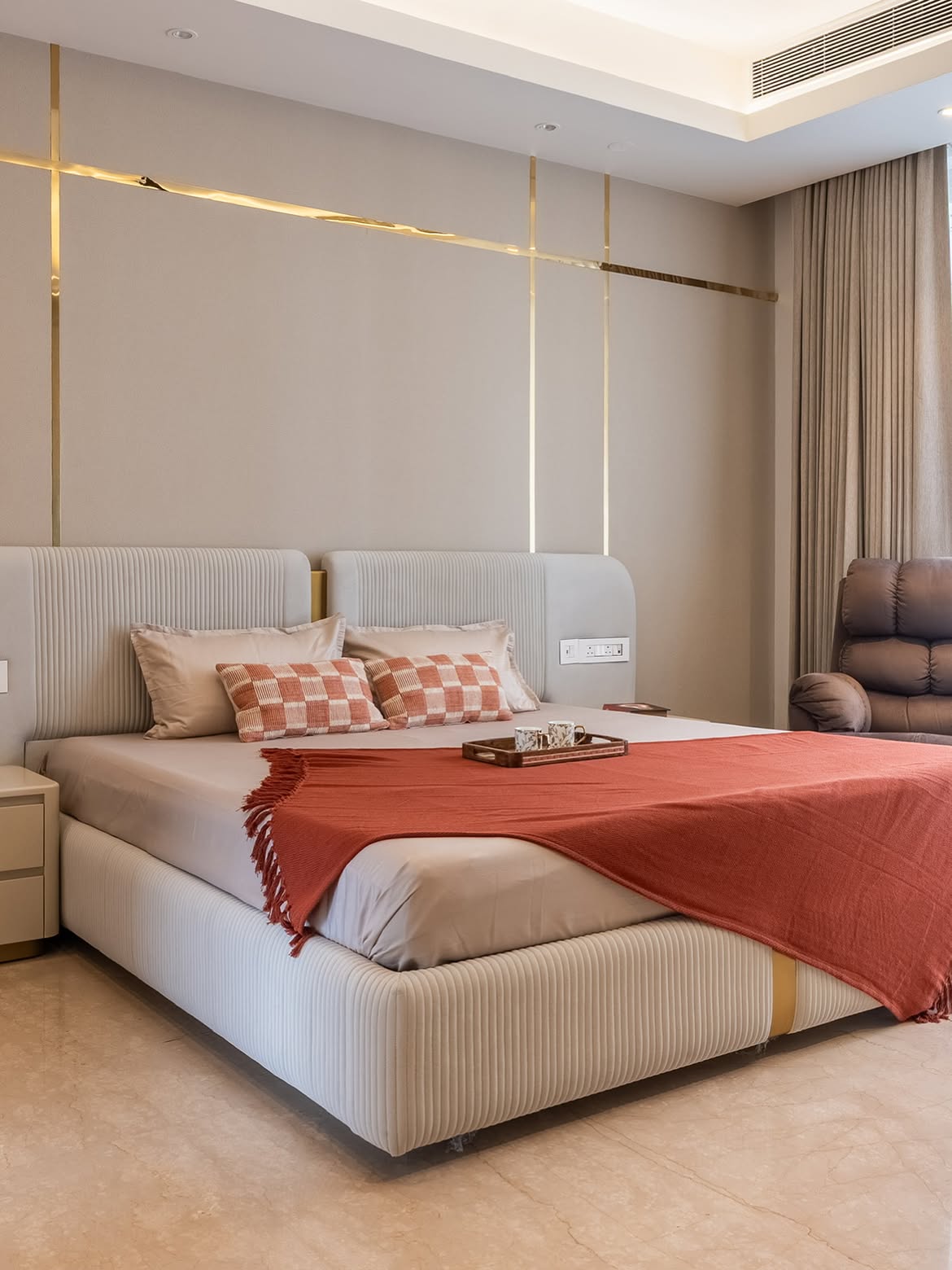Interior Designers - DLF Platinum Towers project master bedroom bed and accent wall view