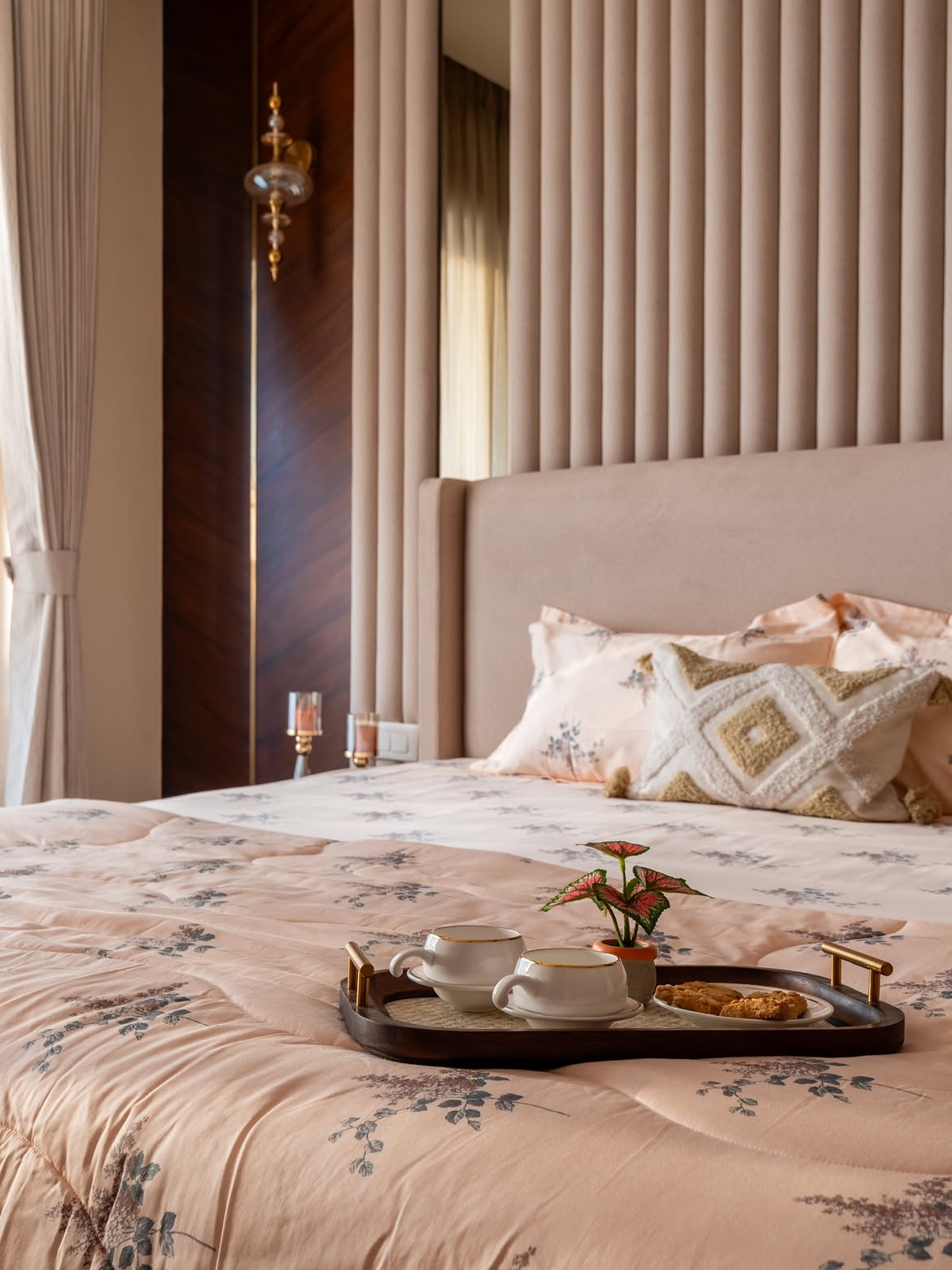 Interior designers Ivy County Noida bedroom decor and tray setup