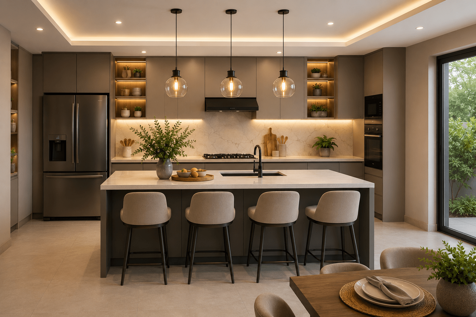 Island modular kitchen with casual dining and seating