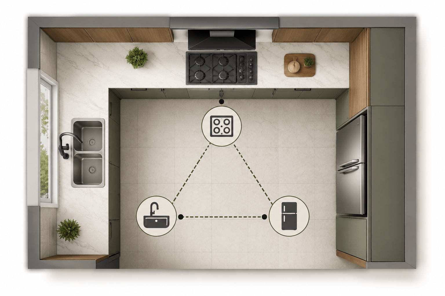 Kitchen work triangle diagram between stove, sink and refrigerator
