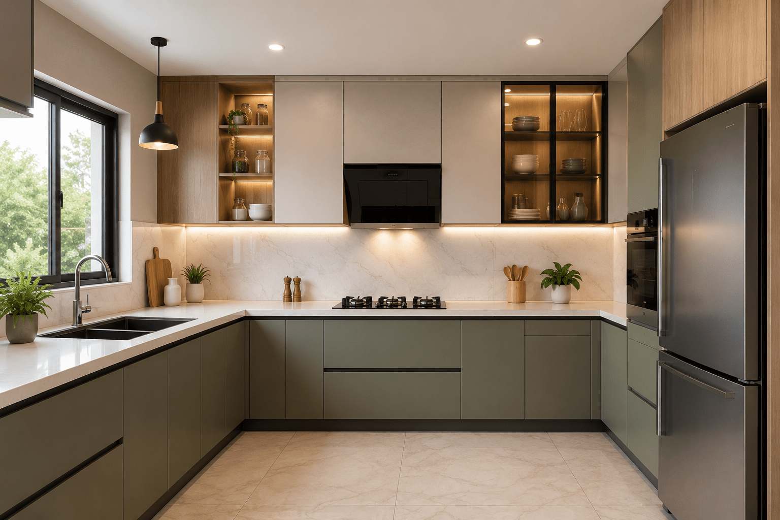 L-shaped modular kitchen with corner carousel unit