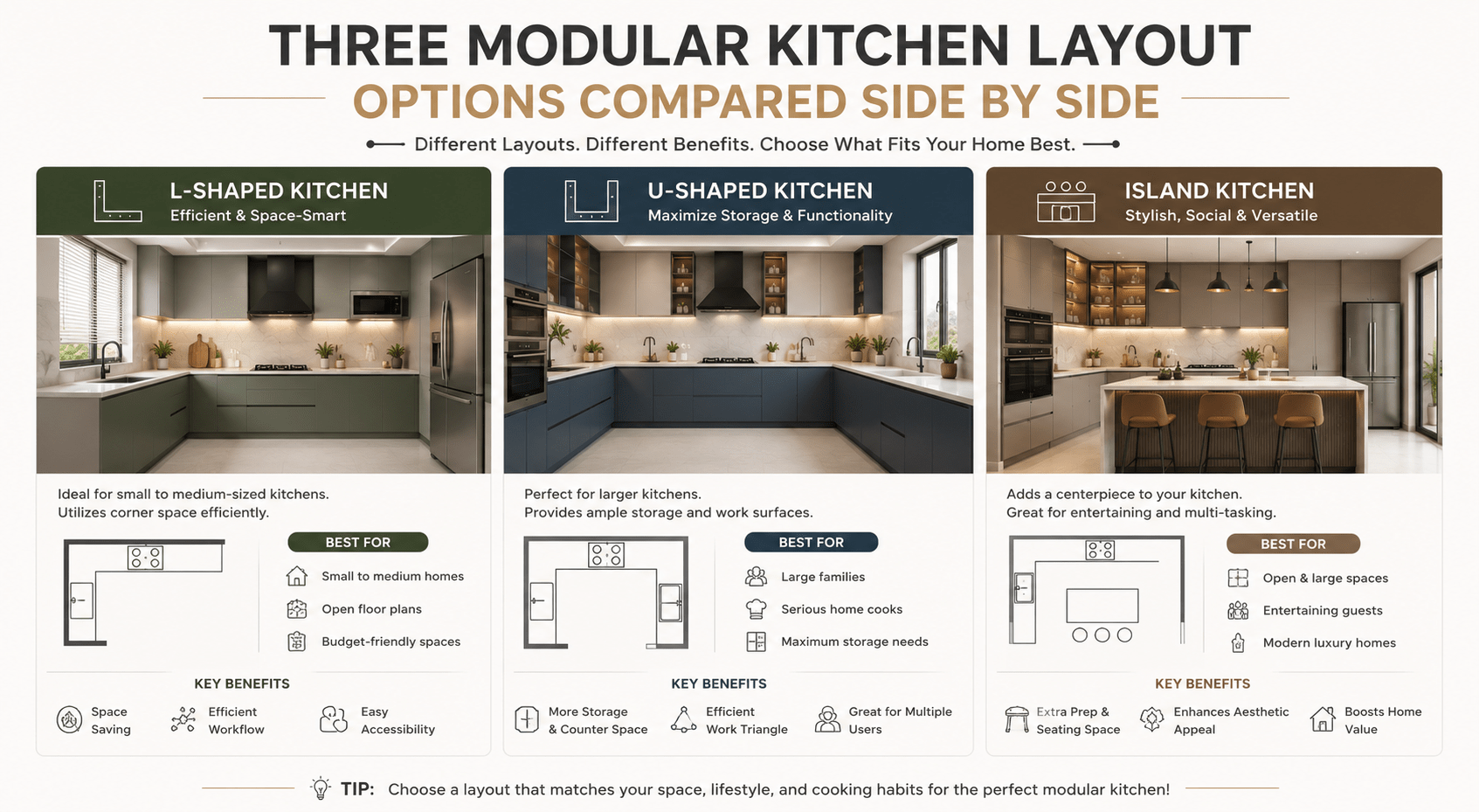 Three modular kitchen layout options compared side by side