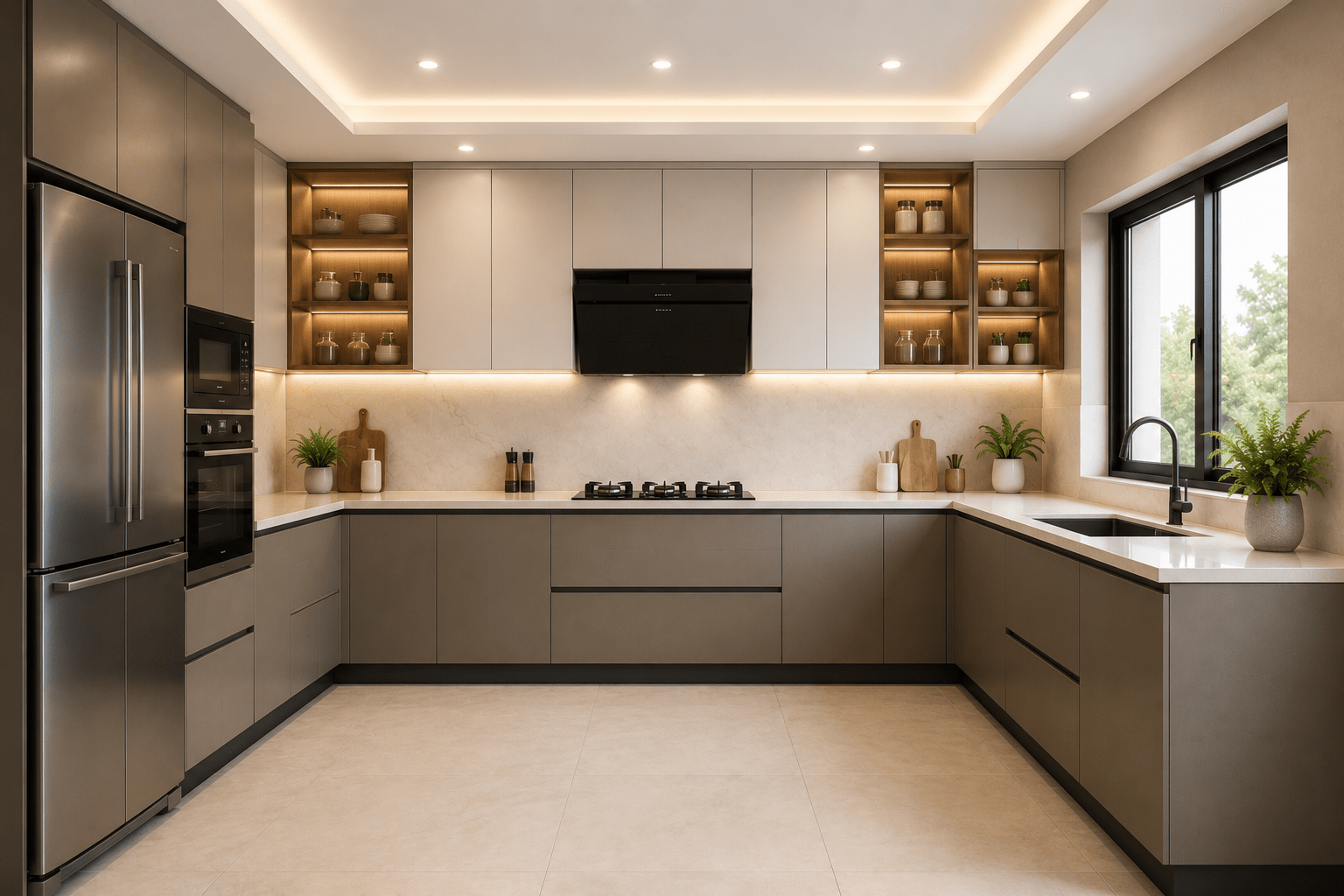 U-shaped modular kitchen with three-wall cabinetry layout