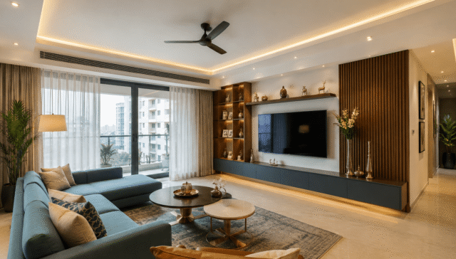 Top interior designers in Gurgaon — premium living room interior by Lakkadworks, DLF Phase 4 Gurgaon