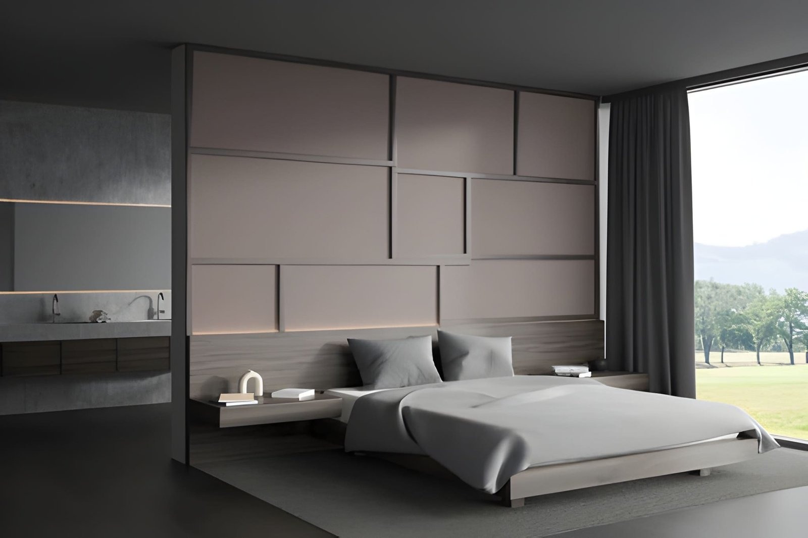 3D PVC or MDF geometric panel wall in a bedroom