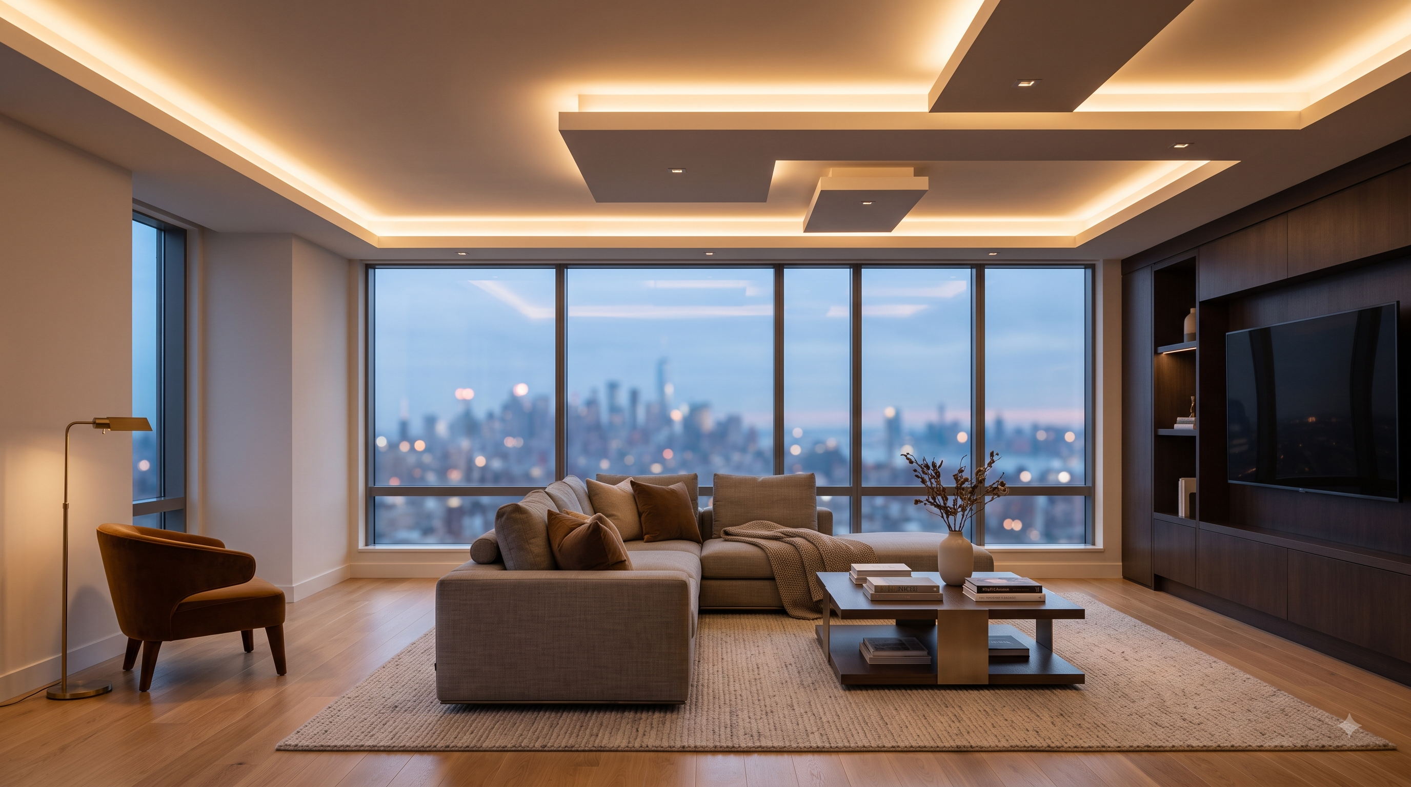 Completed premium false ceiling and lighting design in a Noida living room