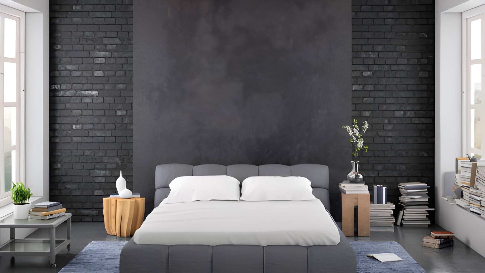 Exposed brick or brick-look cladding accent wall in a bedroom