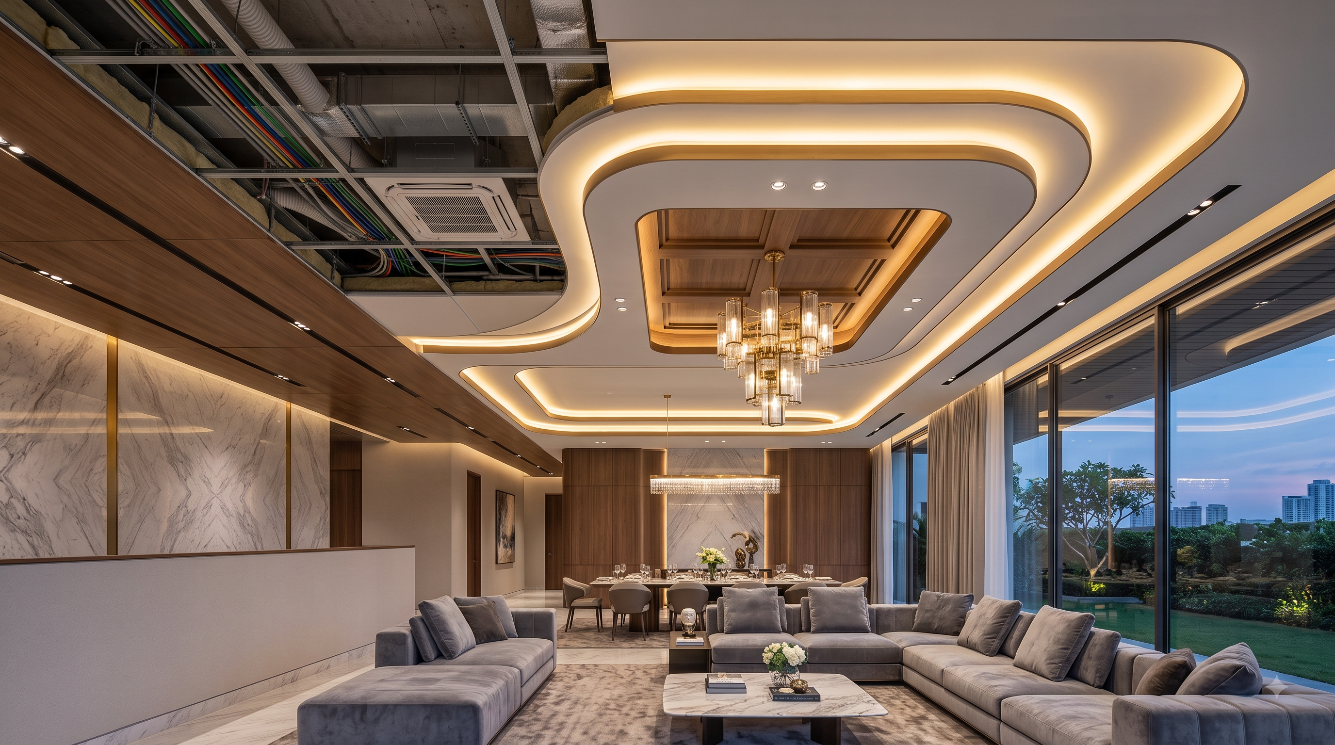 False ceiling secondary ceiling structure and lighting purpose