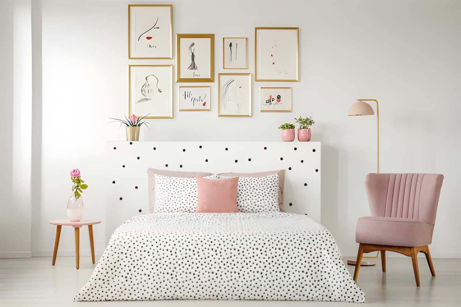 Gallery or photo wall display in a bedroom
