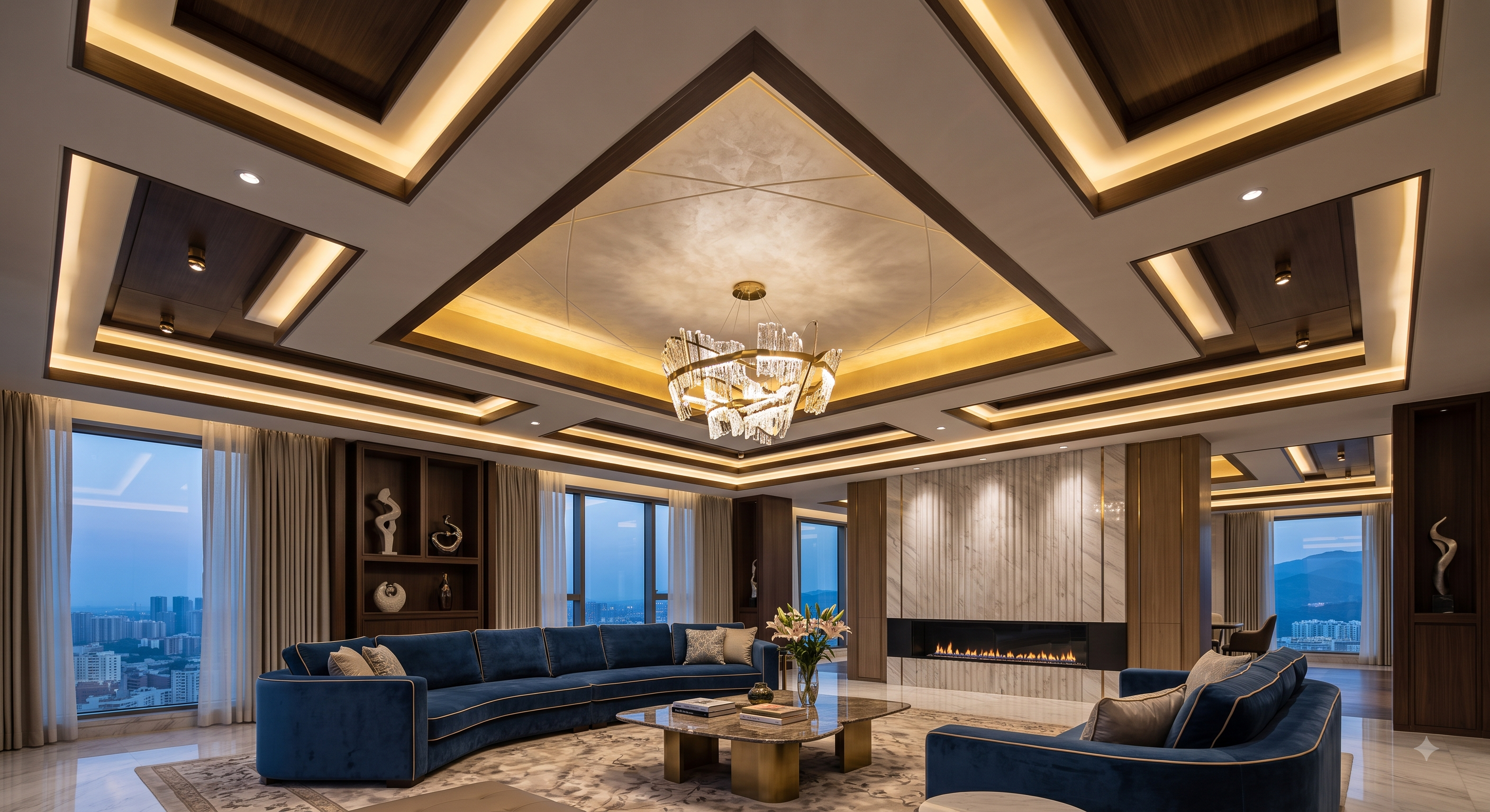 Multi-level cove false ceiling design for living room