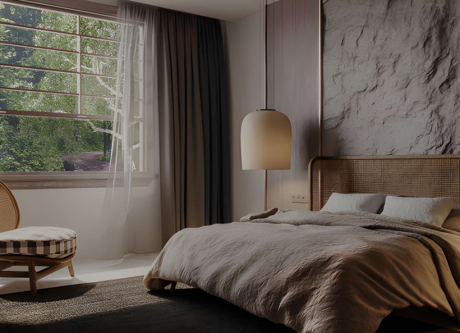 Natural stone veneer cladding on a bedroom feature wall