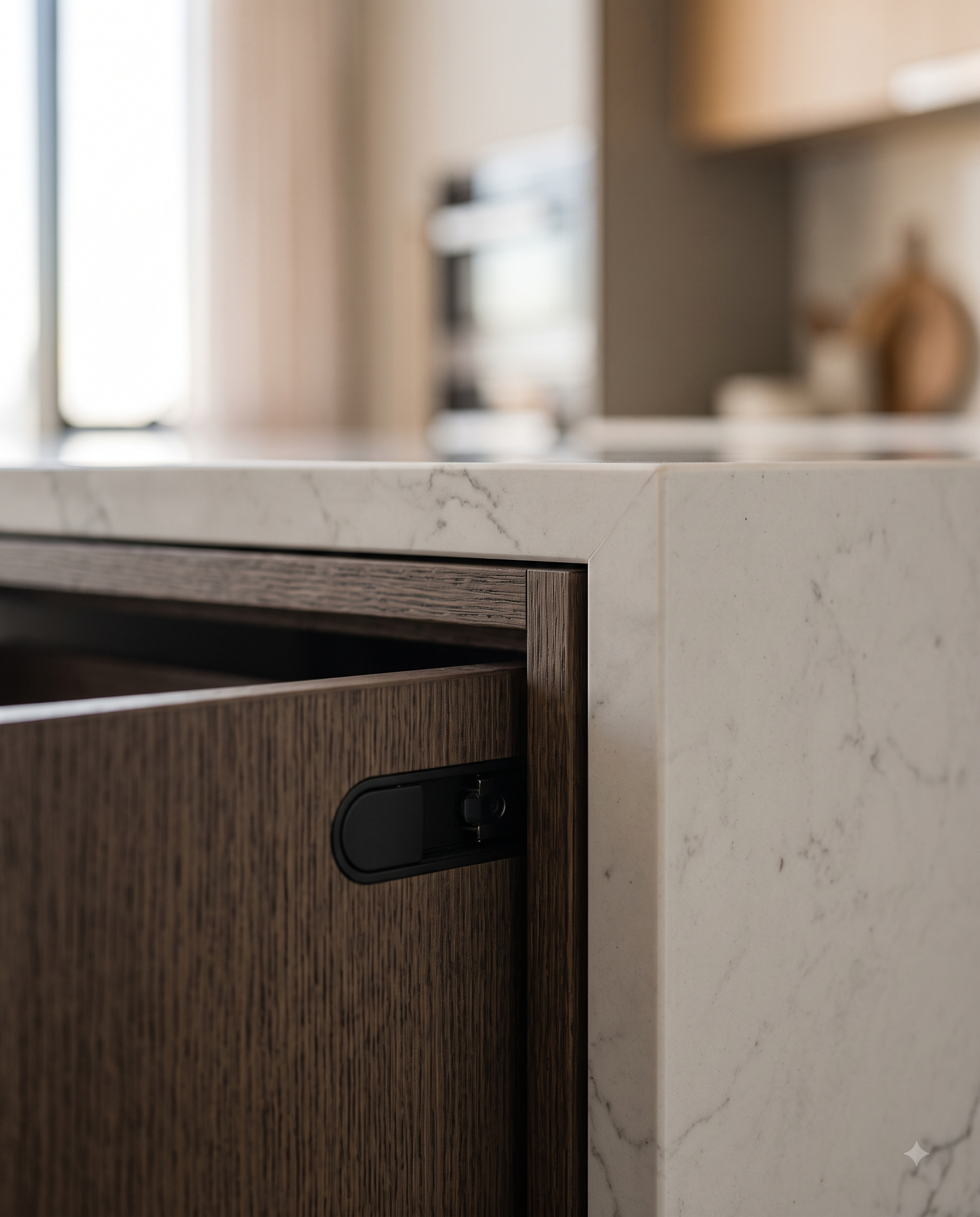 Premium finished interior detail — custom wardrobe joinery and kitchen countertop edge