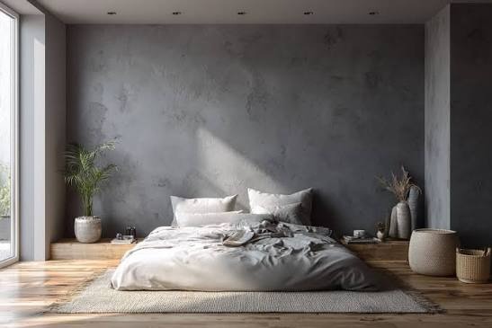 Textured paint or lime plaster finish on a bedroom headboard wall