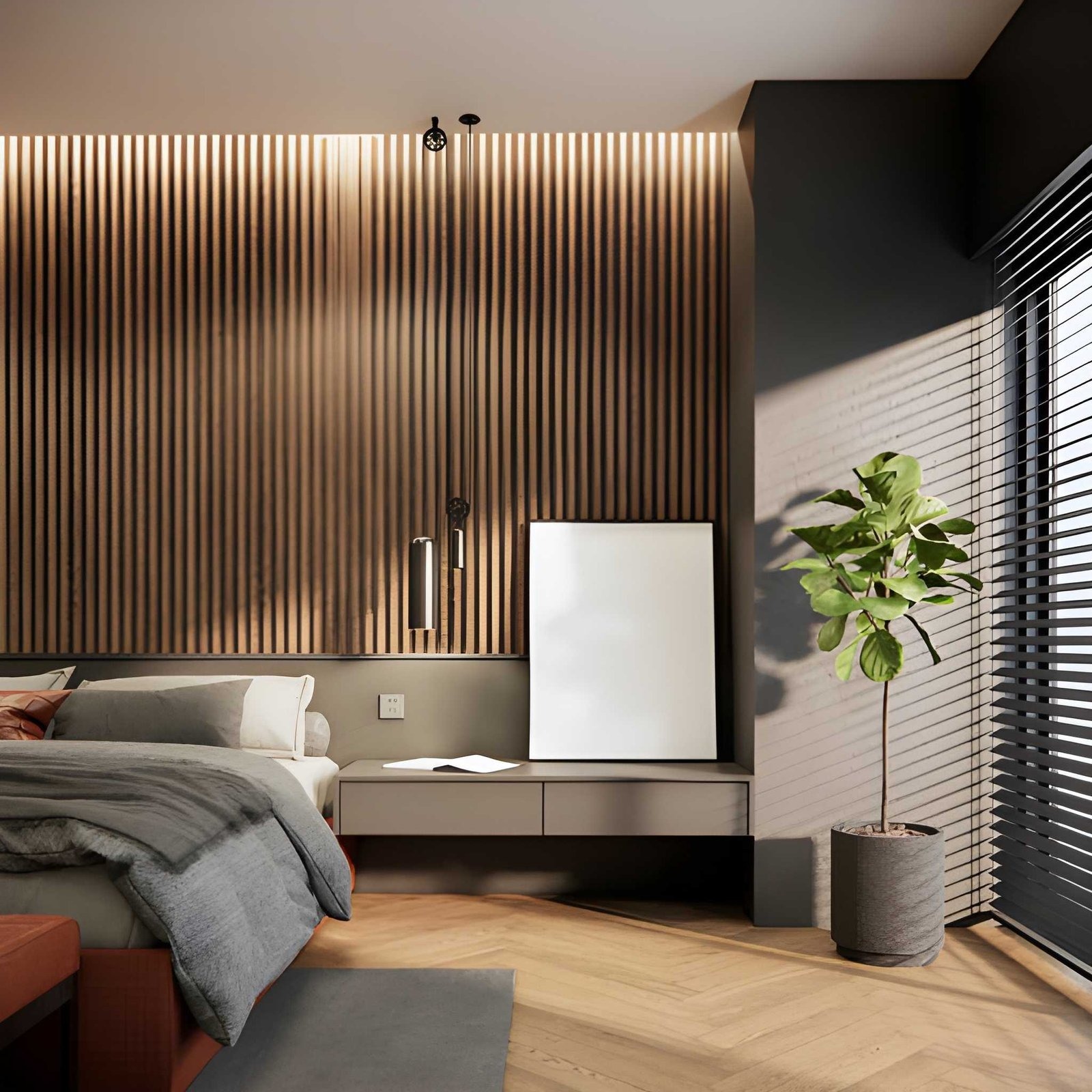Wooden slat or fluted panel wall design in a bedroom