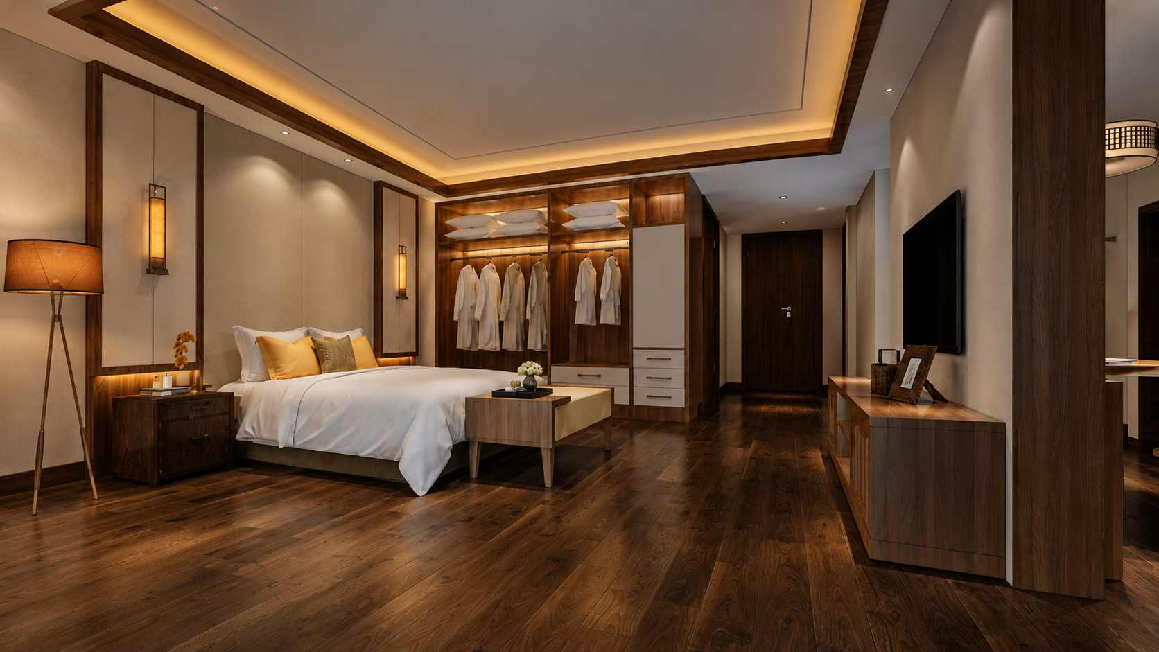 Master bedroom with beams and columns
