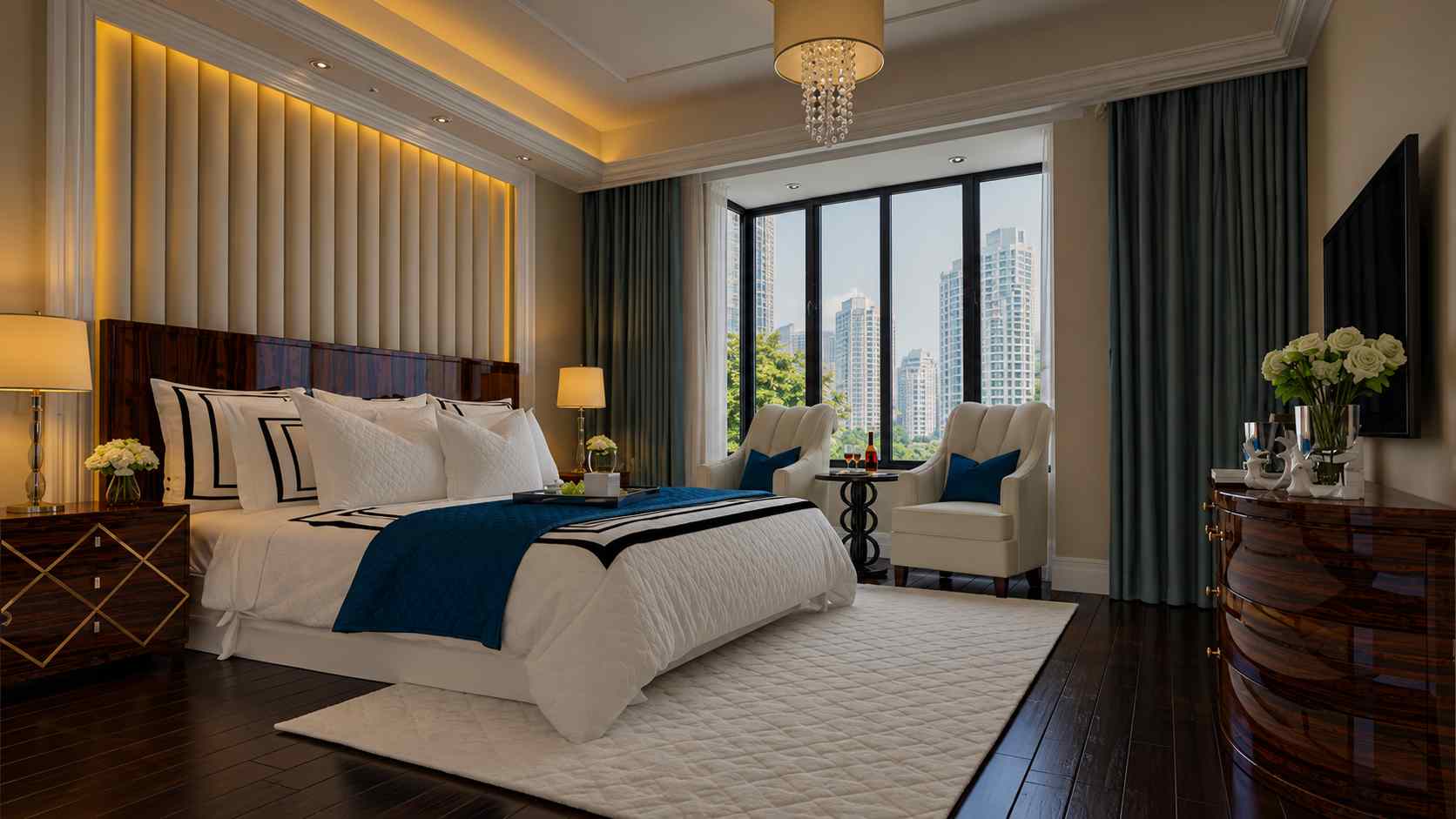 Master suite in a high-rise tower